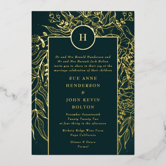 Monogram  Emerald Green Wreath Wedding Folie Uitnodiging (Voorkant)