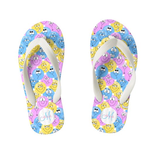 Monogram - Emoji Design Grappige pastelgezichten Kinder Teenslippers (Voetbed)