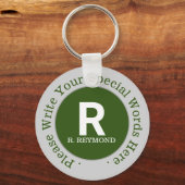 monogram en aangepaste tekst op mooie groene promo sleutelhanger (Voorkant)