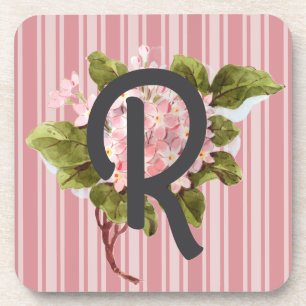 Monogram en bloemen op roze strepen bier onderzetter