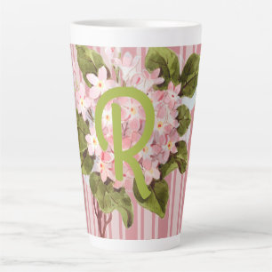 Monogram en bloemen op roze strepen latte mok