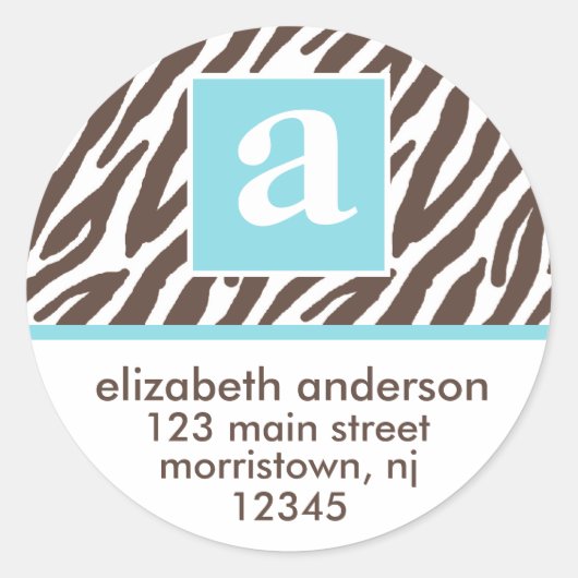 Monogram en Bruin Zebra Print Adresetiketten Ronde Sticker (Voorkant)