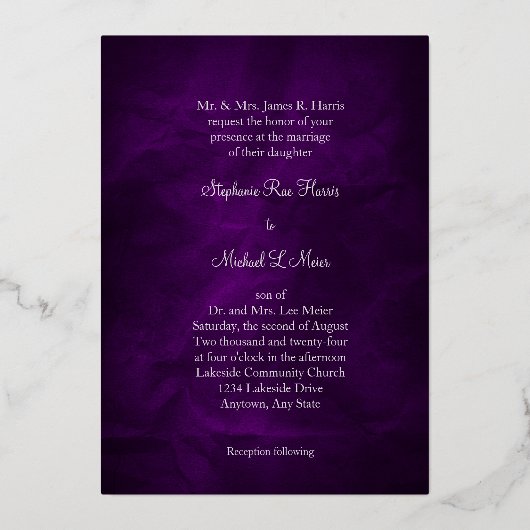 Monogram en draai op Paarse zilveren bruiloft Folie Uitnodiging (Achterkant)