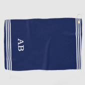 Monogram en drie strepen op een navyblauwe golfhan golfhanddoek (Horizontaal)