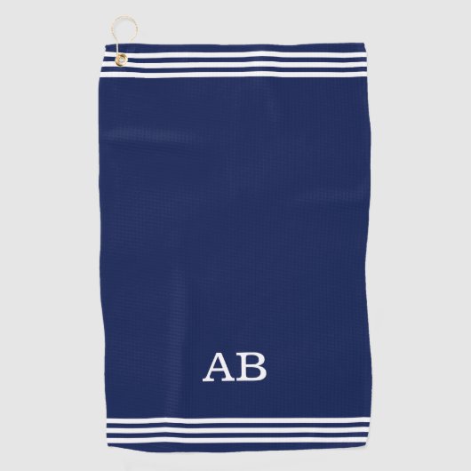 Monogram en drie strepen op een navyblauwe golfhan golfhanddoek (Voorkant)