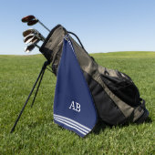 Monogram en drie strepen op een navyblauwe golfhan golfhanddoek (Groen)