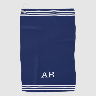 Monogram en drie strepen op navy blauwe golfhanddo golfhanddoek