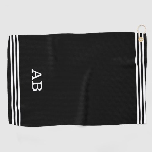 Monogram en drie strips op zwart golfhanddoek (Horizontaal)