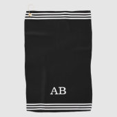 Monogram en drie strips op zwart golfhanddoek (Voorkant)