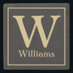 MONOGRAM en familienaam op zwart Stenen Onderzetter<br><div class="desc">Pas het monogram van uw familie en uw achternaam hieronder aan in het goudschrift op een zwarte achtergrond. Verander de kleuren in alles wat past bij je thuisdecor of als huwelijkscadeau. verjaardagscadeau,  verloffeest,  cadeau voor gastgenoten en nog veel meer.</div>