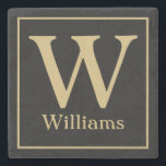 MONOGRAM en familienaam op zwart Stenen Onderzetter<br><div class="desc">Pas het monogram van uw familie en uw achternaam hieronder aan in het goudschrift op een zwarte achtergrond. Verander de kleuren in alles wat past bij je thuisdecor of als huwelijkscadeau. verjaardagscadeau,  verloffeest,  cadeau voor gastgenoten en nog veel meer.</div>