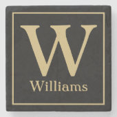 MONOGRAM en familienaam op zwart Stenen Onderzetter (Voorkant)