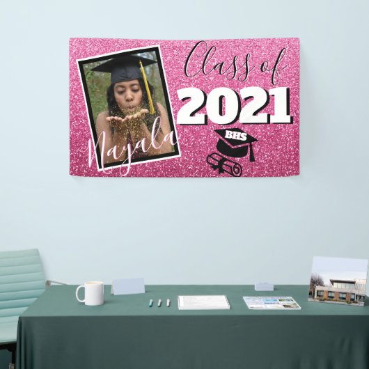 Monogram en Foto Afstuderen Roze Ombre Glitter Spandoek (Beurs)