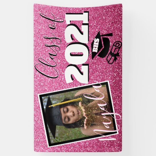 Monogram en Foto Afstuderen Roze Ombre Glitter Spandoek (Verticaal)