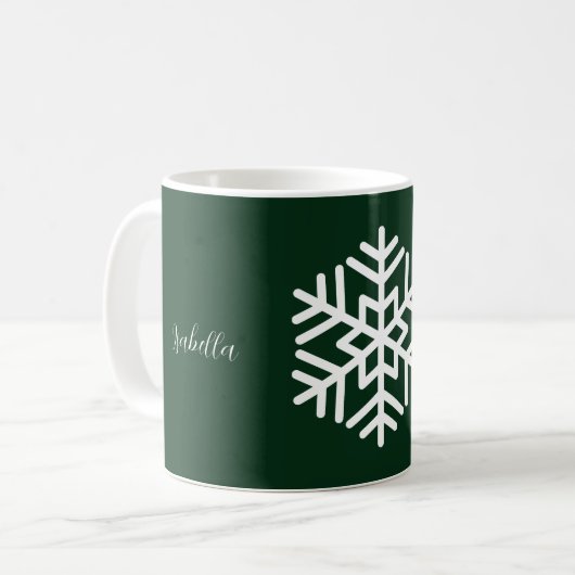 Monogram en grote witte sneeuwvlok op bos groen koffiemok (Voorkant links)