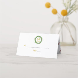 Monogram en Krans | Wintergroen Huwelijk Plaatskaartje