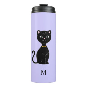 Monogram en leuke zwarte kat op licht periwinkle thermosbeker