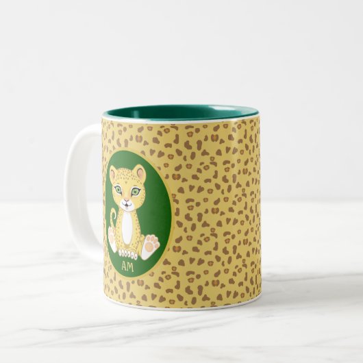 Monogram en luipaard op groene bruin en gouden bei tweekleurige koffiemok (Voorkant links)