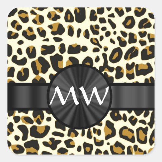 Monogram en luipaardprint vierkante sticker (Voorkant)