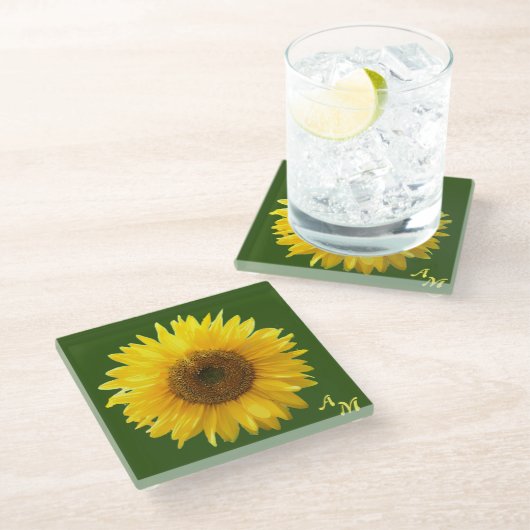 Monogram en mooie zonnebloem op groen bos glazen onderzetter (Schuin)