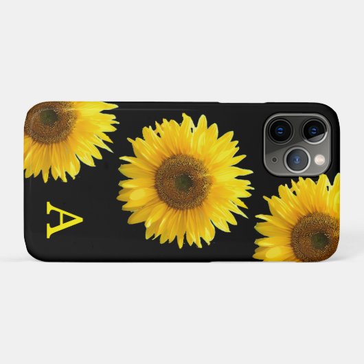Monogram en mooie zonnebloemen op zwart Case-Mate iPhone case (Achterkant (horizontaal))
