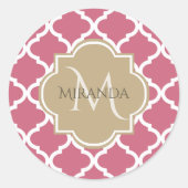 Monogram en naam Big Pink Quartrefoil Pattern Ronde Sticker (Voorkant)