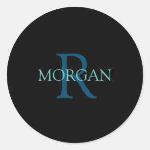 Monogram en naam, blauw en Blauwgroen Ronde Sticker