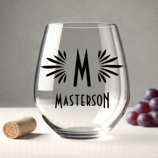 Monogram en Naam Custom Art Deco Zwart Bloeien Wijnglas Zonder Voet
