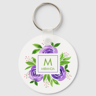 Monogram en naam Floral Sleutelhanger