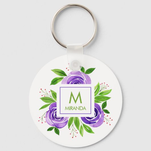 Monogram en naam Floral Sleutelhanger (Voorkant)