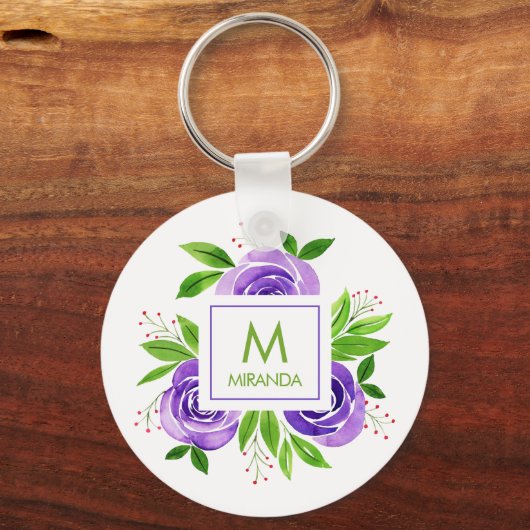 Monogram en naam Floral Sleutelhanger (Voorkant)
