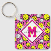 Monogram en naam gele pickleballs op roze sleutelhanger (Voorkant)