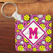 Monogram en naam gele pickleballs op roze sleutelhanger (Voorkant)