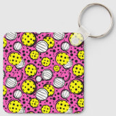Monogram en naam gele pickleballs op roze sleutelhanger (Achterkant)