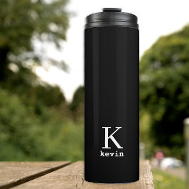Monogram en naam gepersonaliseerd zwart en wit thermosbeker