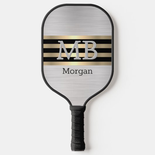 Monogram en naam, gouden/zwarte strepen, zilver ge pickleball paddle (Voorkant)
