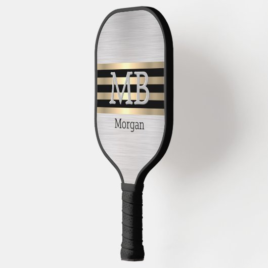 Monogram en naam, gouden/zwarte strepen, zilver ge pickleball paddle (Links)