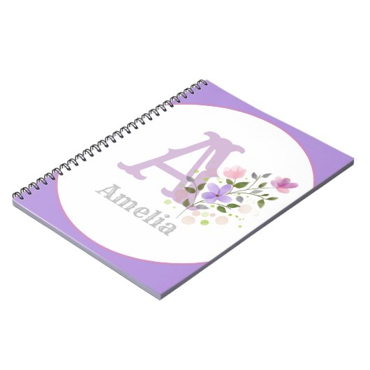 Monogram en naam met bloemen notitieboek (Linkerzijde)