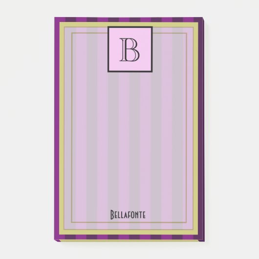 Monogram en naam op paarse streepjespatroon post-it® notes (Voorkant)