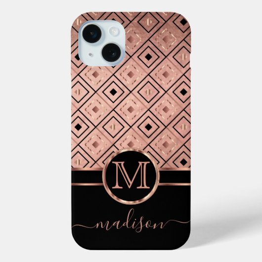 Monogram en Naam Roos Gouden Diamantpatroon Case-Mate iPhone Case (Achterkant)