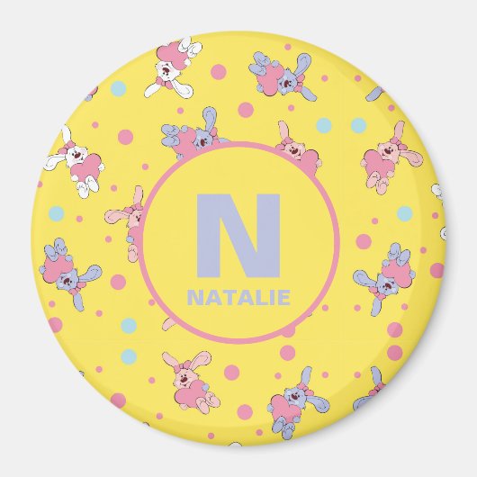 Monogram en naam voor kinderen konijntjes op geel magneet (Voorkant)