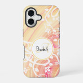 Monogram en Naam Witte Bloem op Roze & Perzik iPhone 16 Hoesje (Achterkant)