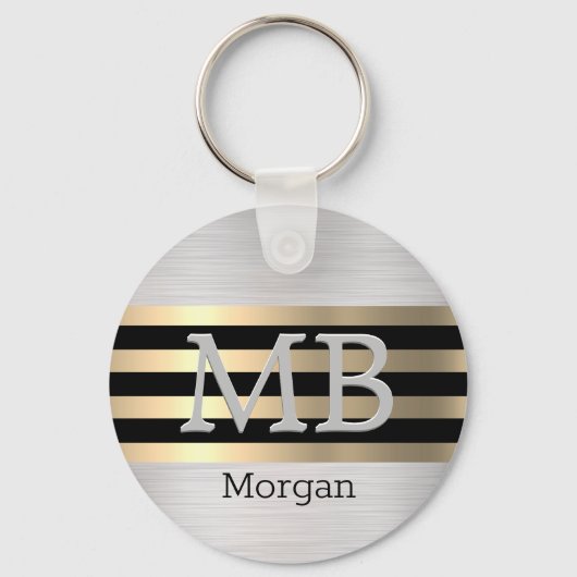 Monogram en naam, Yel Gold Brushed Steel Black Sleutelhanger (Voorkant)