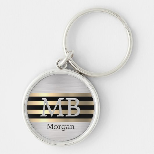 Monogram en naam, Yel Gold Brushed Steel Black Sleutelhanger (Voorkant)