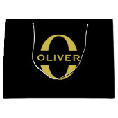 Monogram en naam zwart en goud op maat groot cadeauzakje (Voorkant)