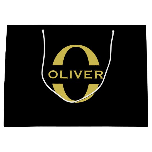 Monogram en naam zwart en goud op maat groot cadeauzakje (Voorkant)