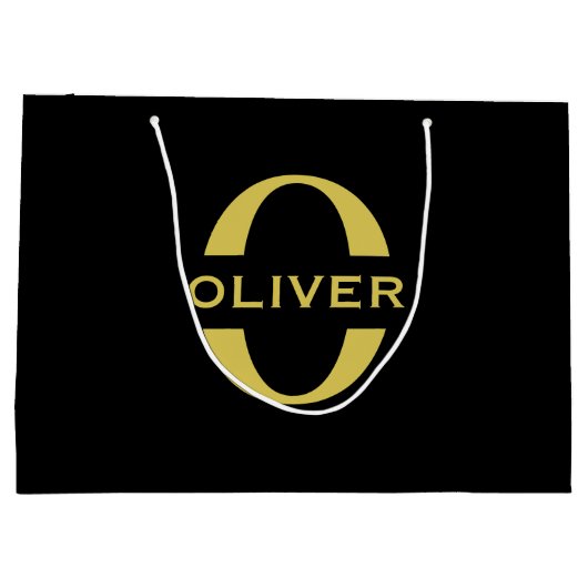 Monogram en naam zwart en goud op maat groot cadeauzakje (Achterkant)