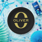 Monogram en naam zwart en goud op maat papieren bordje (Feest)