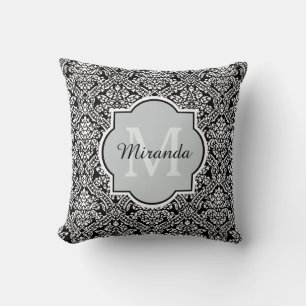 Monogram en naam zwart-wit Damask Pattern Kussen
