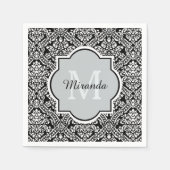Monogram en naam zwart-wit Damask Pattern Servet (Voorkant)